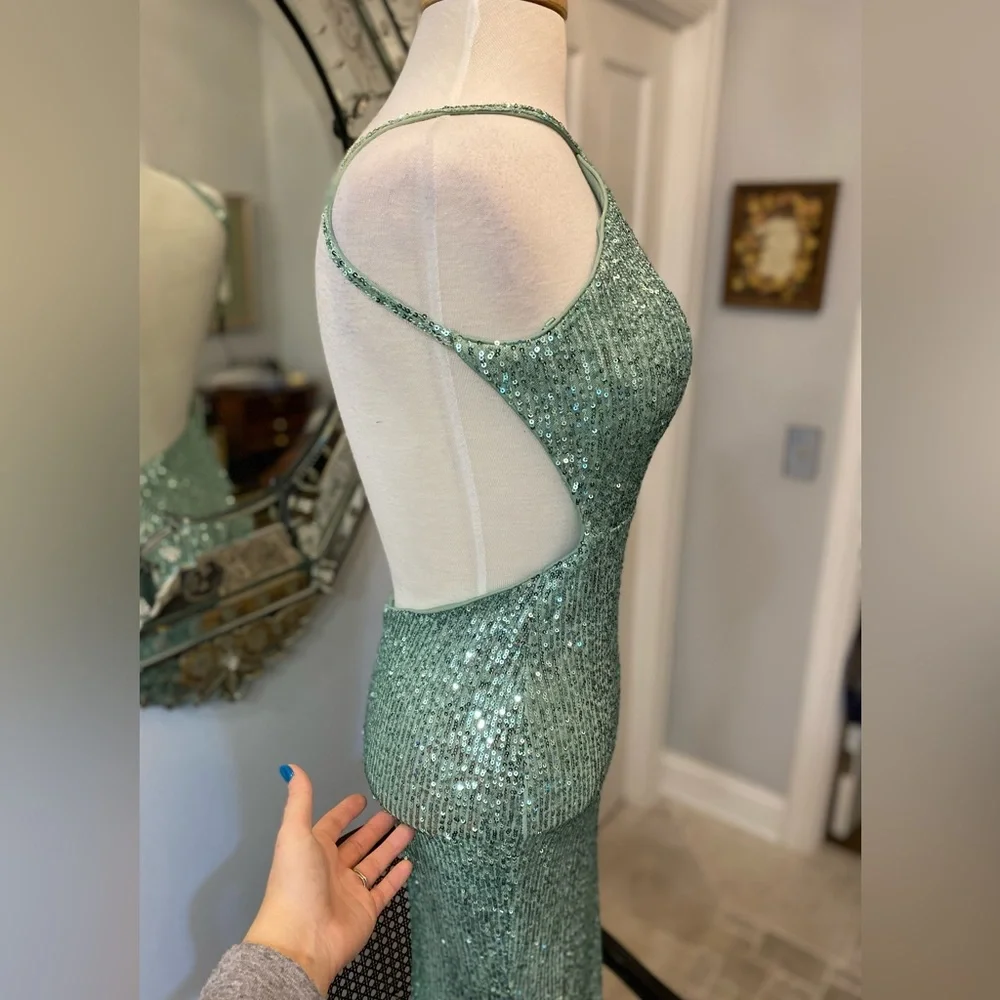 NWT La Femme Glitter Green Sequin Goddess Sexy To the Floor Low Back Gown - Picture 6 of 16